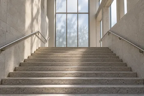 A wide terrazzo staircase rising toward tall frosted windows, with tubular metal rails along the walls.