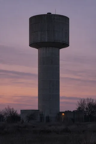 An anonymous cylindrical concrete water tower on a solid shaft beneath a muted lavender and pink evening sky.