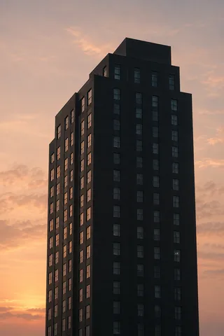 A dark anonymous rectangular tower with stepped upper floors, cool front windows and warm reflections on its side.