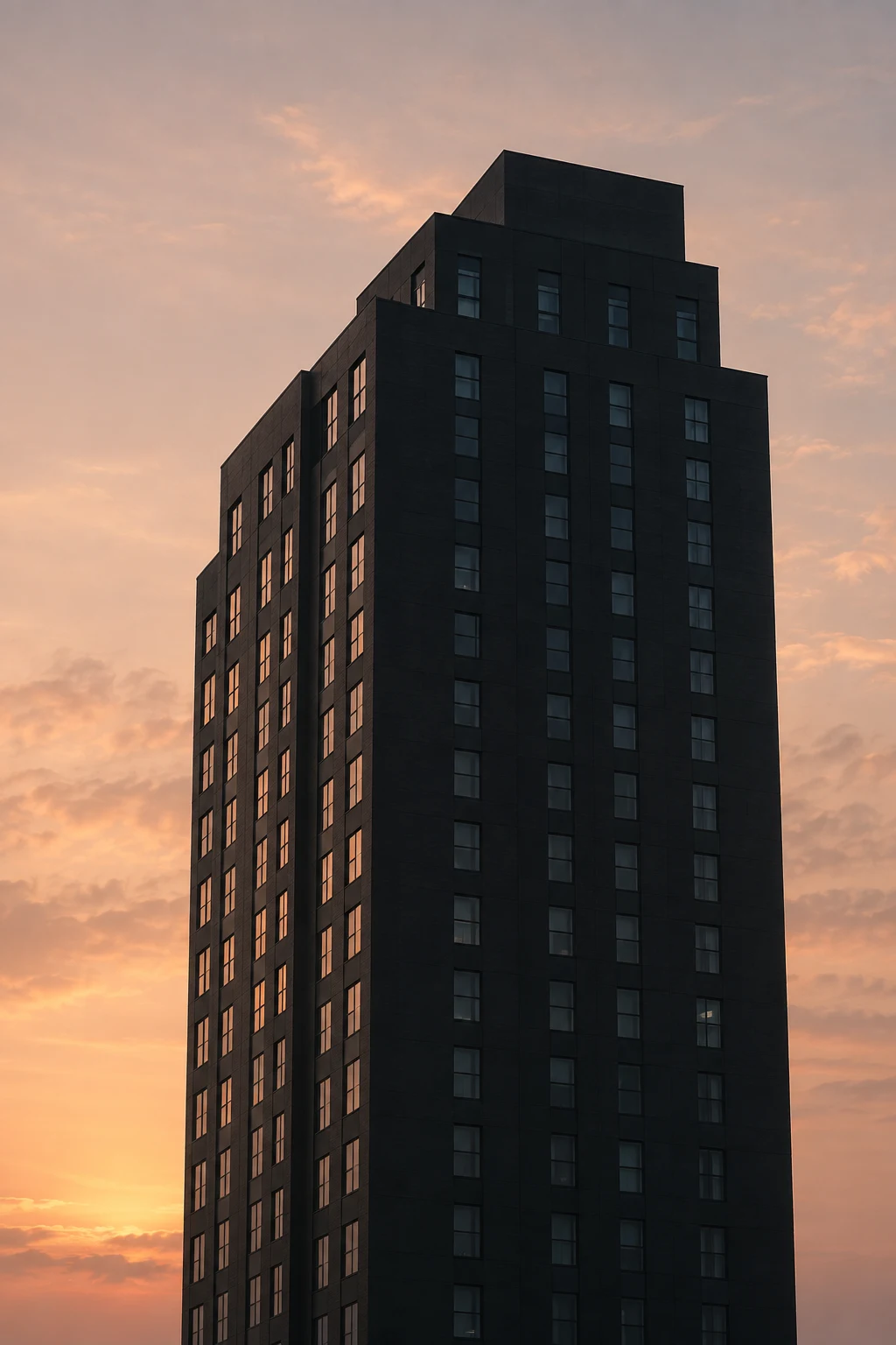 A dark anonymous rectangular tower with stepped upper floors, cool front windows and warm reflections on its side.