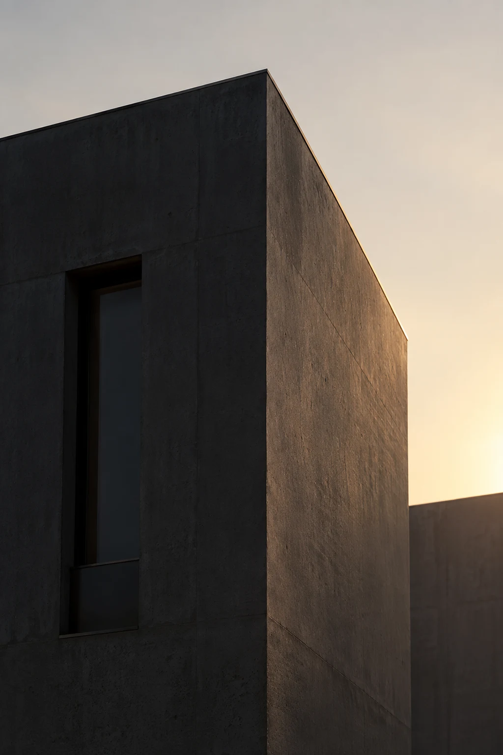 A close flat-roof concrete corner with a narrow dark window and warm sunlight along the side wall.