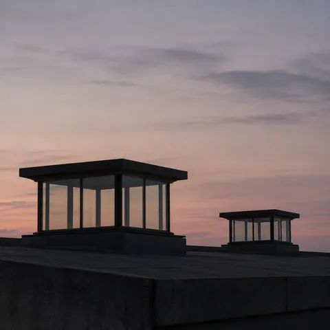 Two plain glazed roof lanterns of different apparent sizes on a dark roof under gray-pink evening clouds.