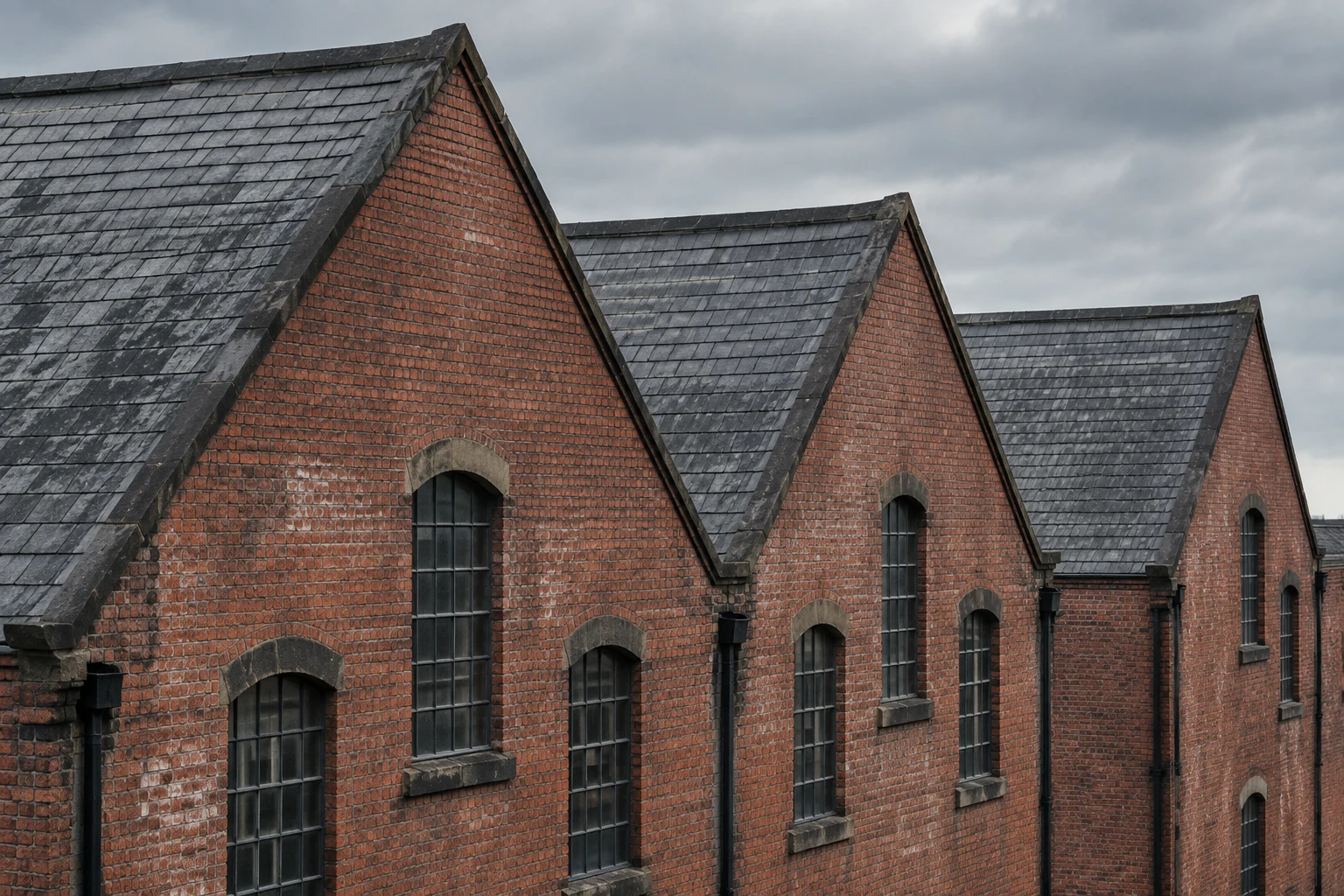 Three red-brick warehouse gables with weathered slate roofs and narrow dark windows viewed obliquely.