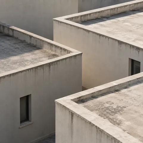 An elevated view of overlapping pale stucco flat roofs with thick coping and light rain staining.