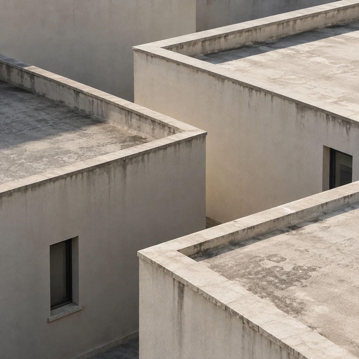 An elevated view of overlapping pale stucco flat roofs with thick coping and light rain staining.