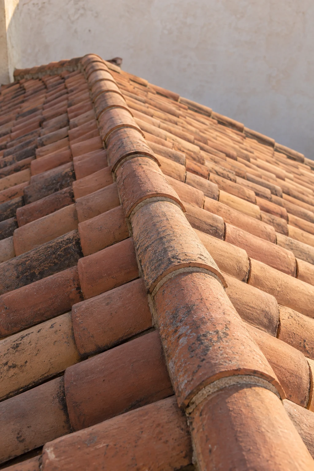 A close view along a terracotta roof ridge with overlapping curved tiles and natural variations in the clay.