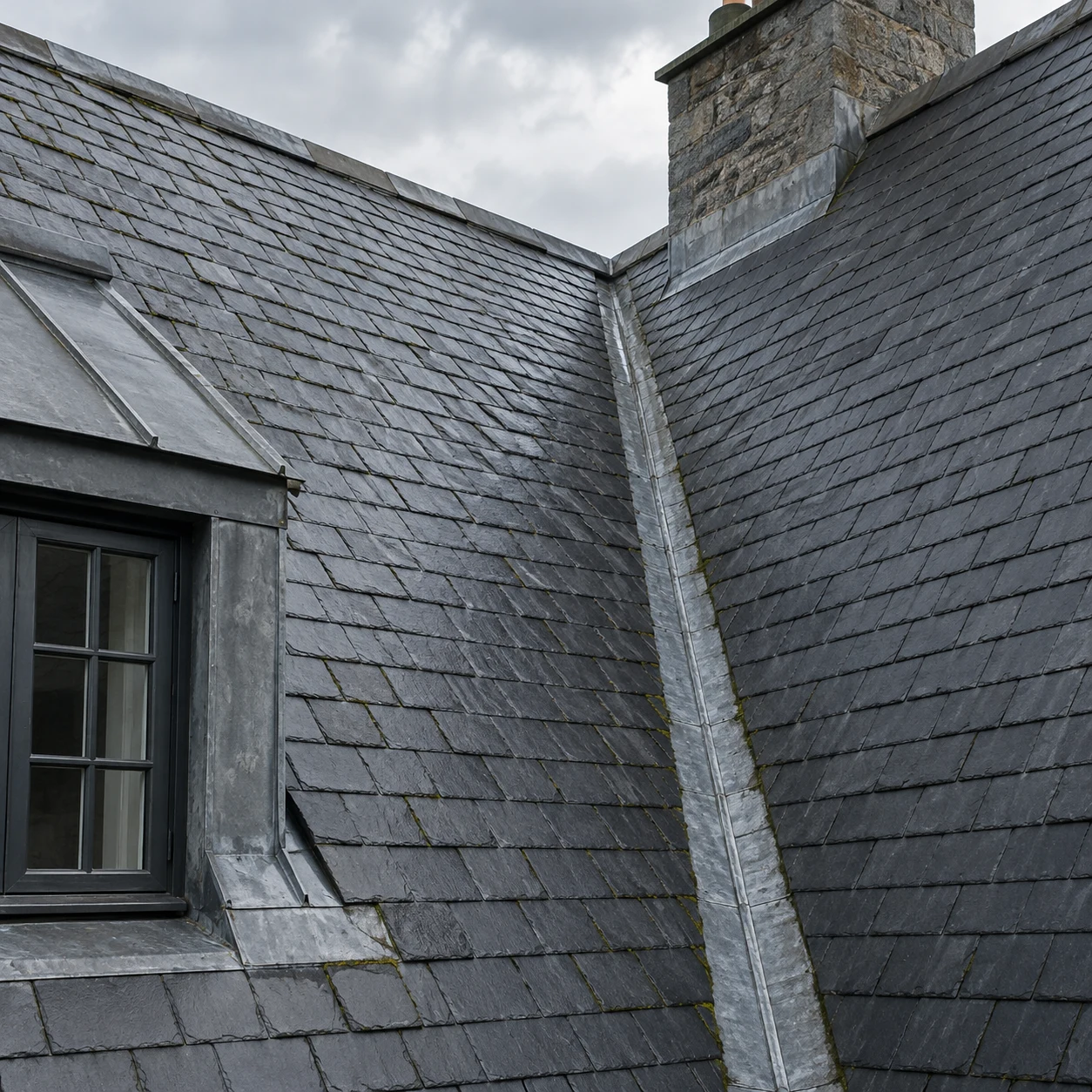 Two dark slate roof planes meeting at a metal-lined valley, beside a small dormer and stone chimney.