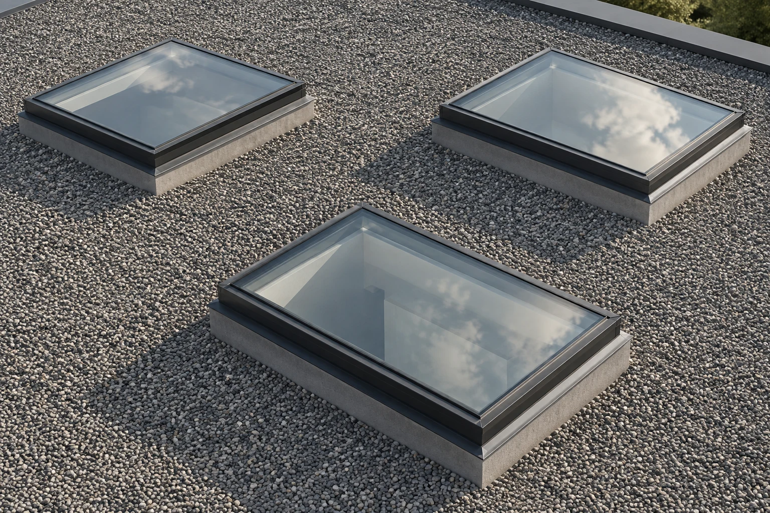 Three low rectangular glazed rooflights with dark frames and pale raised curbs on gray gravel.