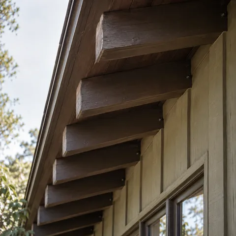 An upward close view of exposed brown rafter tails beneath timber eaves above an olive-painted wall.