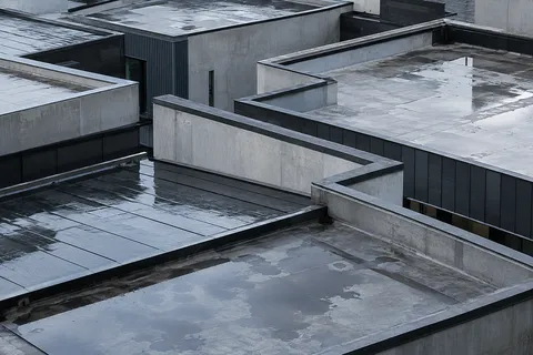 An elevated view of pale concrete and dark metal roof terraces with parapets and irregular shallow puddles.