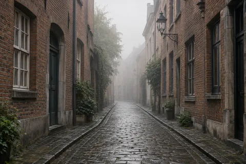 An empty damp cobbled street between brick buildings, with doors, windows and wall lamps fading into mist.