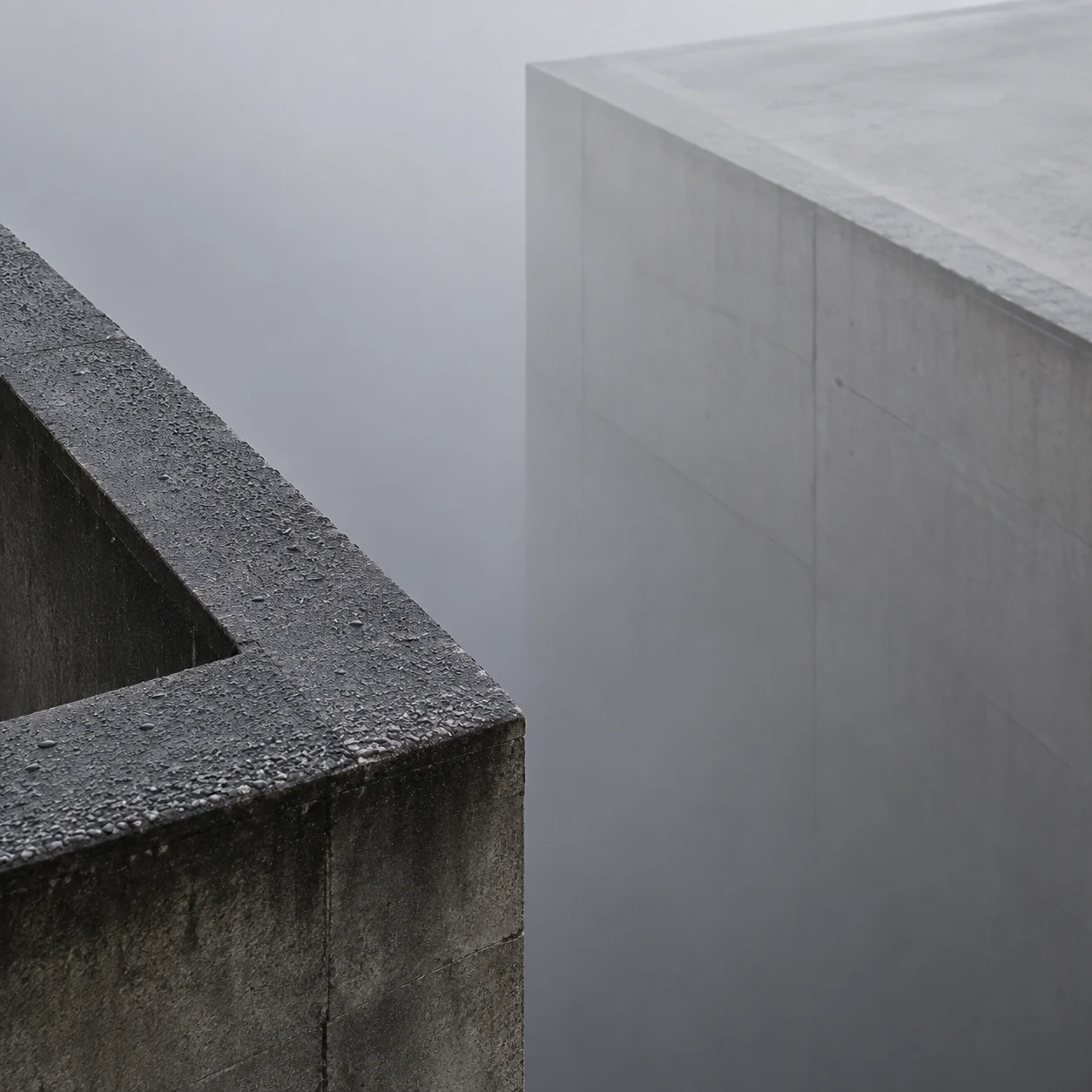 A dark wet concrete parapet corner in the foreground and a pale blank roof mass across dense gray fog.
