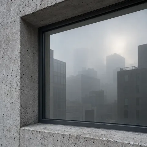 A deep pitted concrete window reveal around dark-framed glass reflecting anonymous buildings in fog.