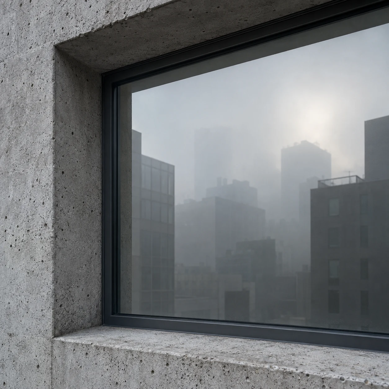A deep pitted concrete window reveal around dark-framed glass reflecting anonymous buildings in fog.