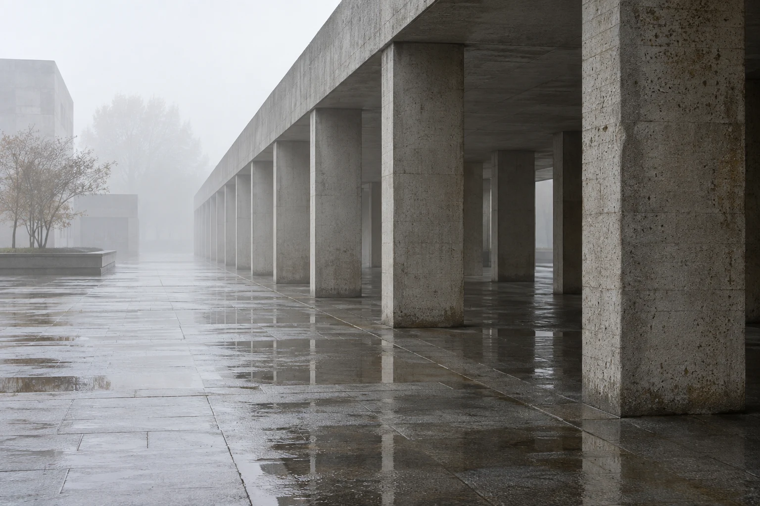 An empty concrete colonnade beside wet paving, with square columns fading into fog and reflecting in shallow water.