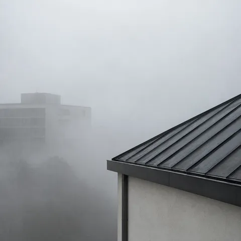 A sharp charcoal metal roof corner above a pale wall, with one faint block building in the fog beyond.