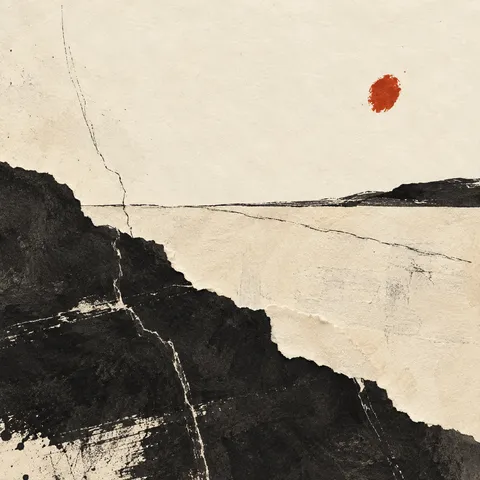 A cracked wabi-sabi field with one patch of a second color in cream, black, stone, charcoal; square artwork.