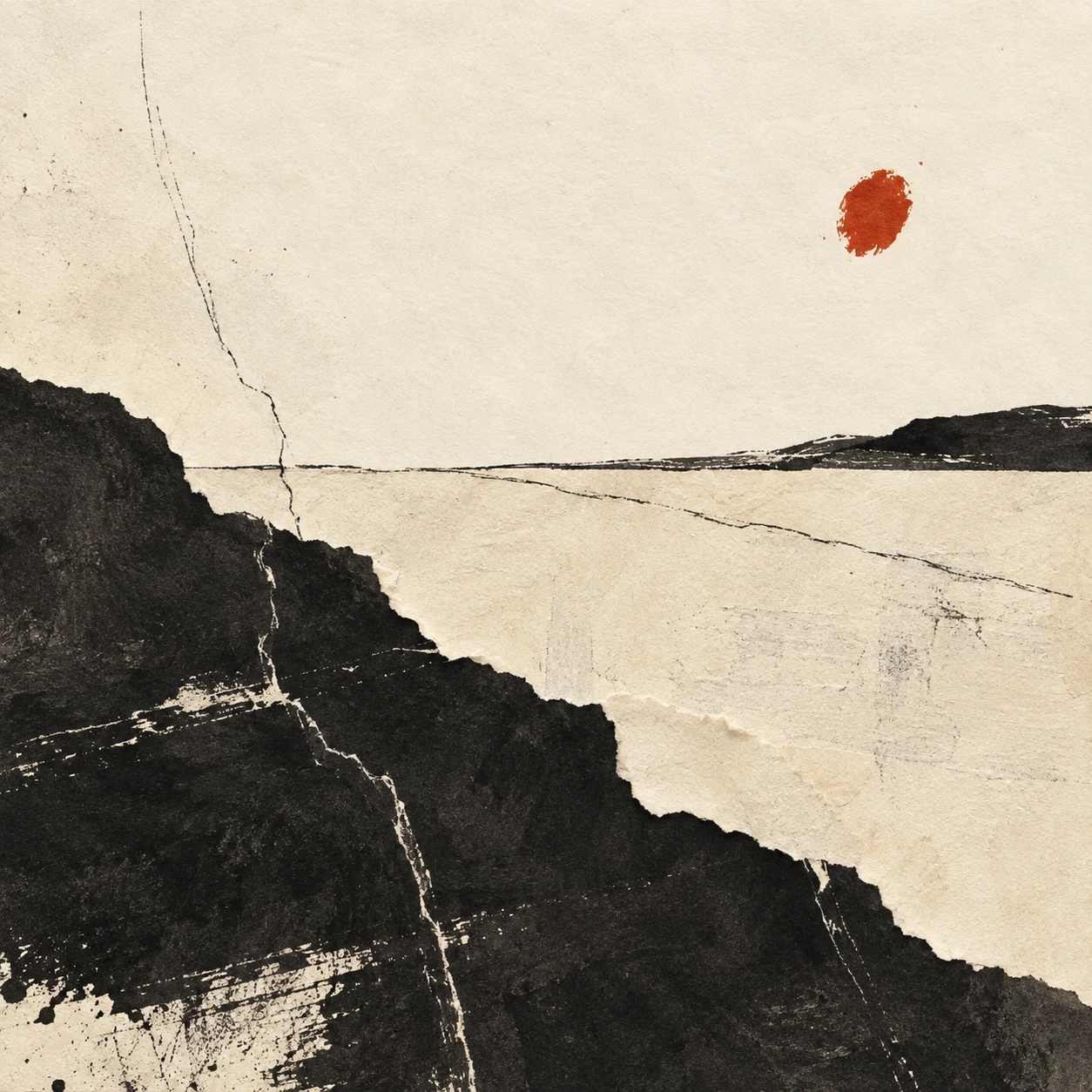 A cracked wabi-sabi field with one patch of a second color in cream, black, stone, charcoal; square artwork.