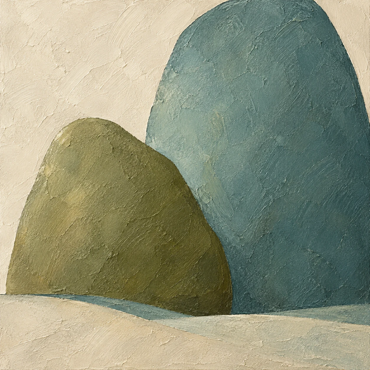 Two overlapping soft organic forms in cream, charcoal, olive, sage; square artwork.
