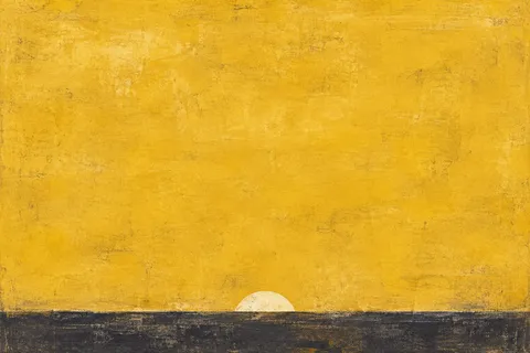 A half-moon rising from the bottom edge in yellow, charcoal; landscape artwork.