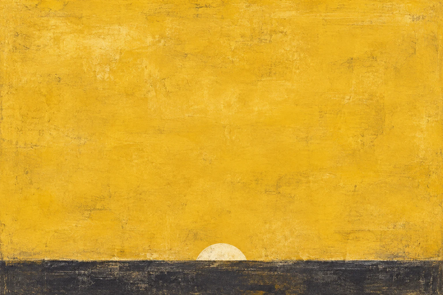 A half-moon rising from the bottom edge in yellow, charcoal; landscape artwork.