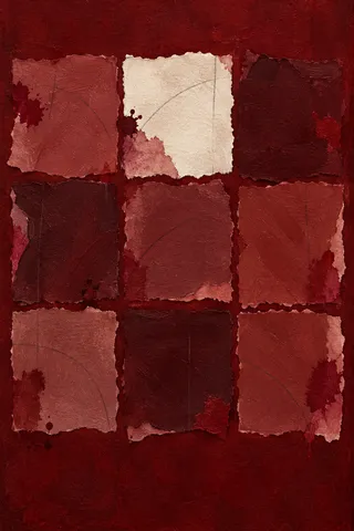 A quiet grid of nine soft squares in burgundy, rust, black, ochre; portrait artwork.