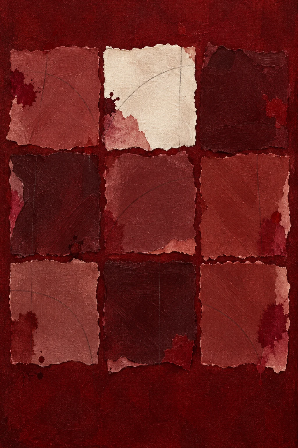 A quiet grid of nine soft squares in burgundy, rust, black, ochre; portrait artwork.