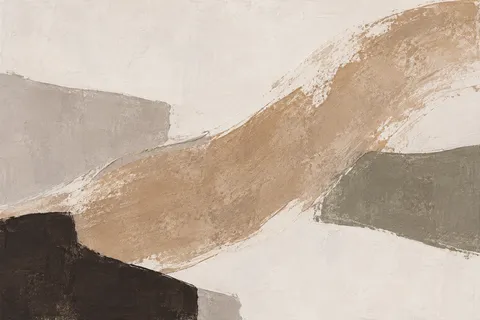 One long confident sweep from lower left to upper right in cream, sand, sage, charcoal; landscape artwork.