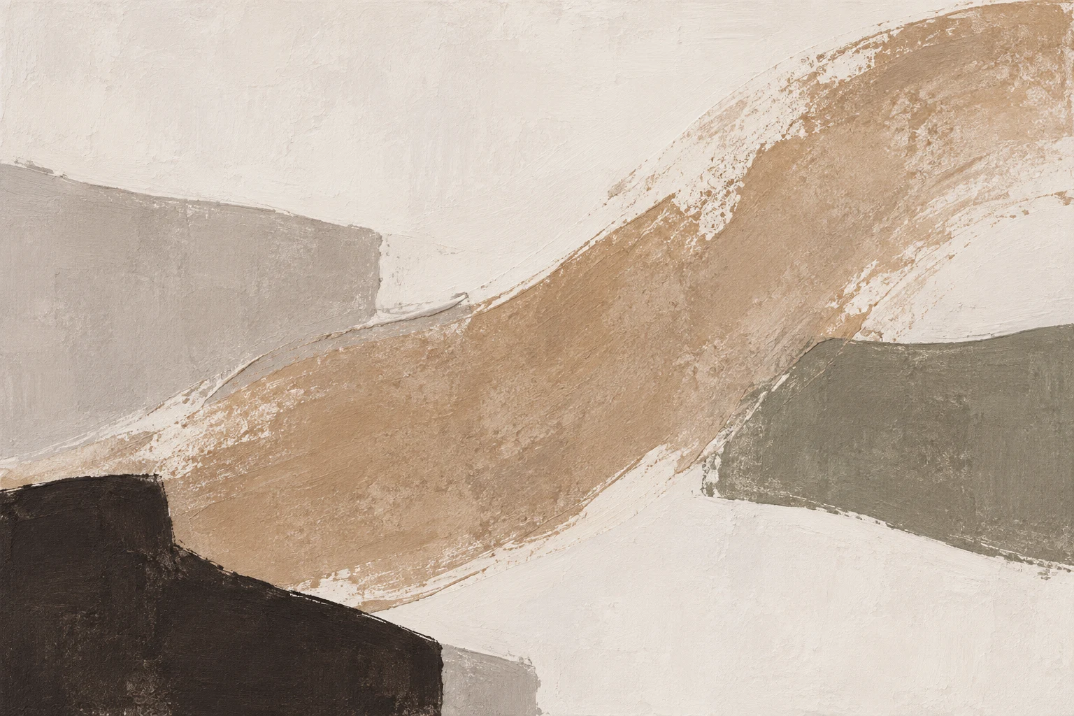 One long confident sweep from lower left to upper right in cream, sand, sage, charcoal; landscape artwork.