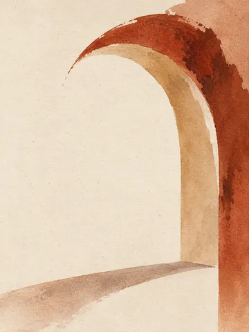 An arch and its shadow in cream, sand, rust, ochre; portrait artwork.