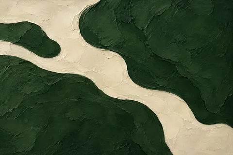 Thick flowing organic bands like a river seen from above in black, forest green, cream, stone; landscape artwork.