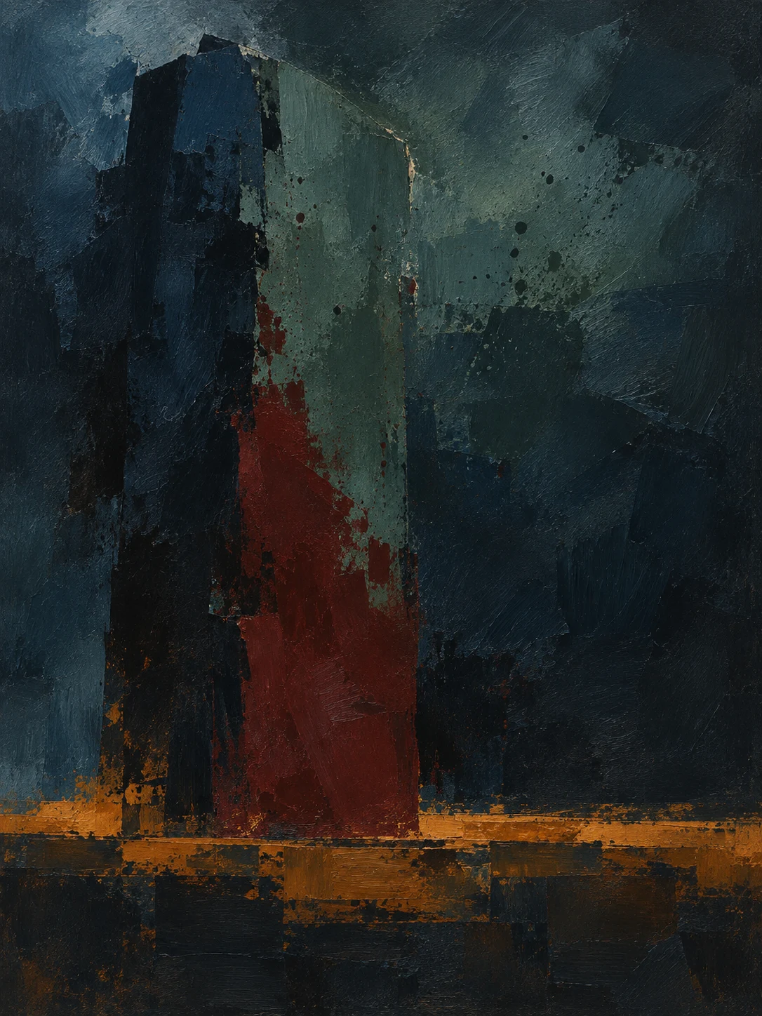 A monolith form standing left of center in black, forest green, charcoal; portrait artwork.