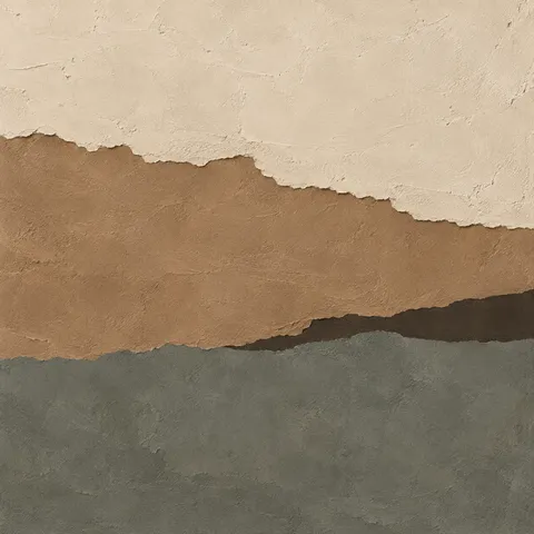 Three stacked horizontal bands with torn edges in taupe, stone, charcoal, gray; square artwork.