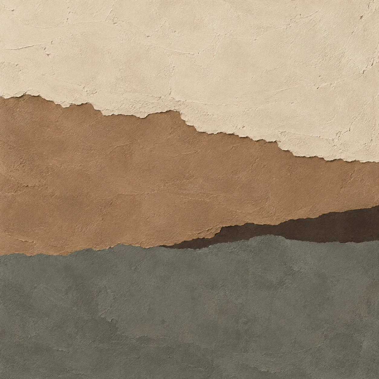 Three stacked horizontal bands with torn edges in taupe, stone, charcoal, gray; square artwork.