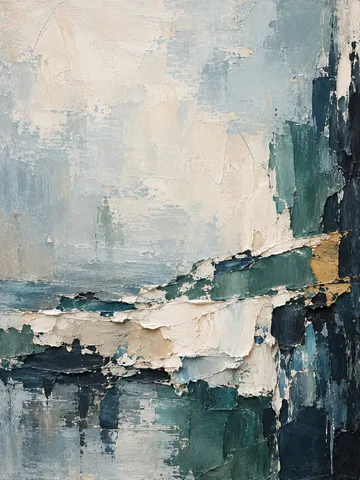 One heavy impasto band across the lower third in cream, stone, gray, green; portrait artwork.