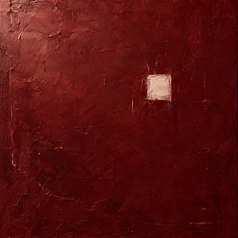 A lone small square floating in a vast field in burgundy, black, rust; square artwork.