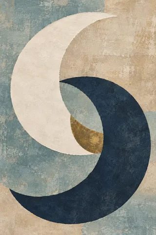 Two interlocking crescents in gray, stone, navy, cream; portrait artwork.