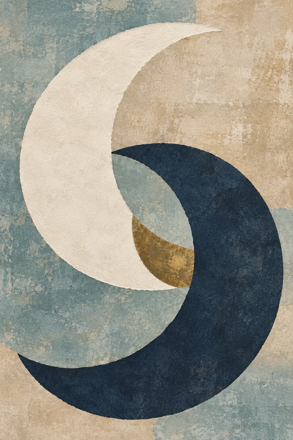 Two interlocking crescents in gray, stone, navy, cream; portrait artwork.