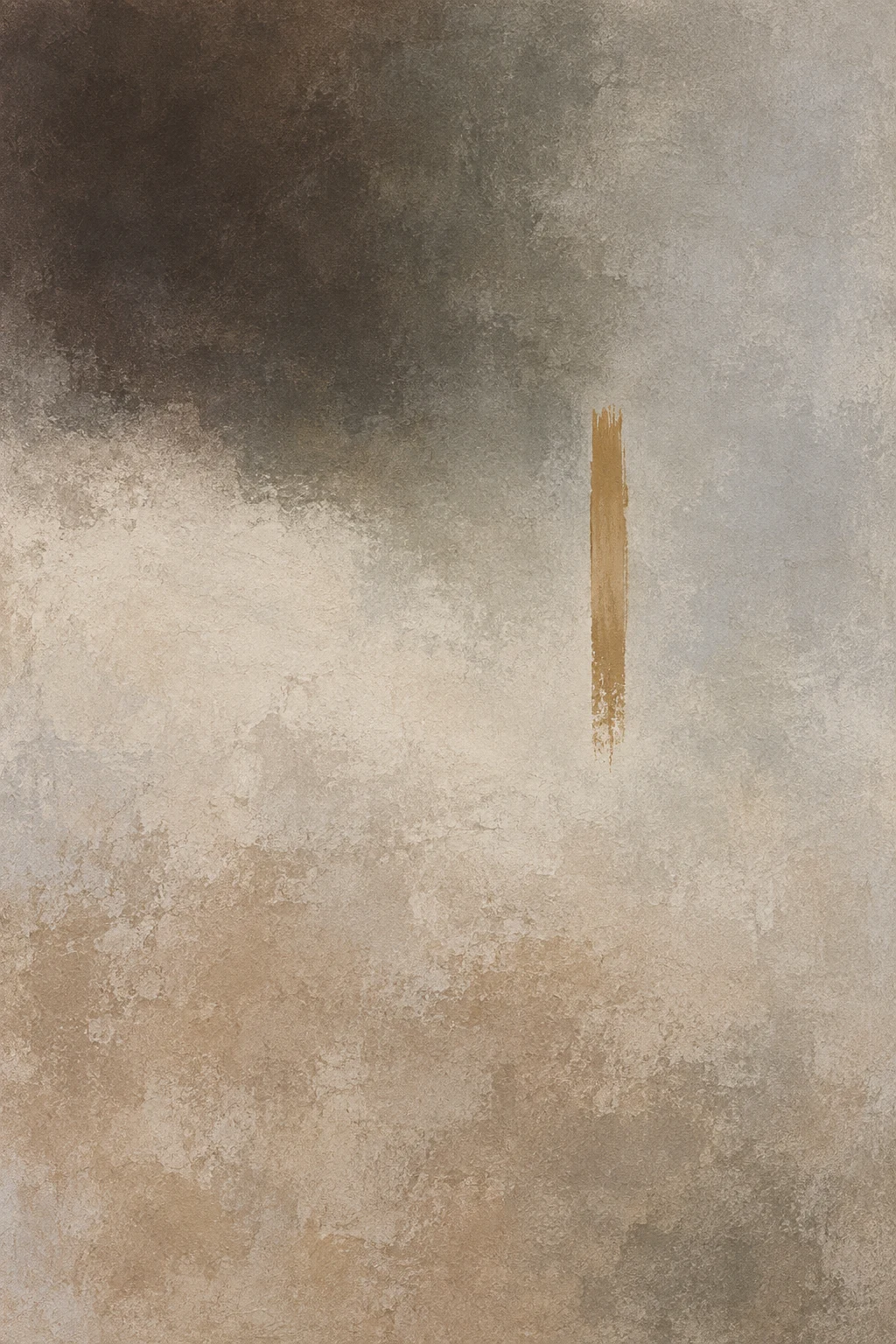 A single brushstroke column set off-center in gray, stone, sand, charcoal; portrait artwork.