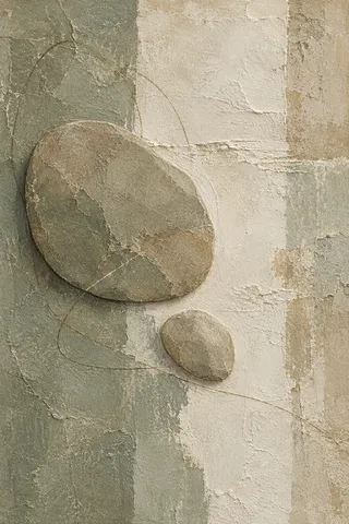 Two river-stone shapes, one large one small in taupe, stone, cream, sand; portrait artwork.