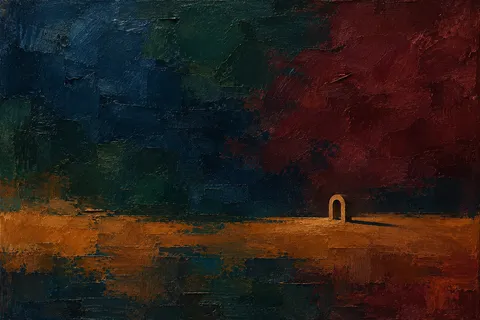 An arch and its shadow in black, burgundy, rust; landscape artwork.