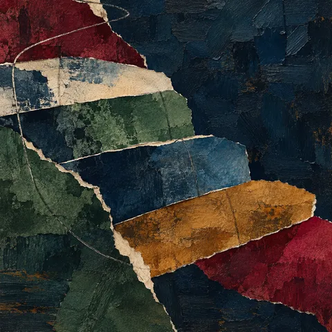 Four shallow steps descending across the field in black, navy, burgundy, brown; square artwork.