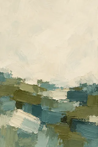 One heavy impasto band across the lower third in cream, sage, olive, green; portrait artwork.