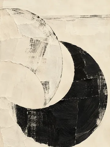 Two interlocking crescents in cream, black, taupe; portrait artwork.