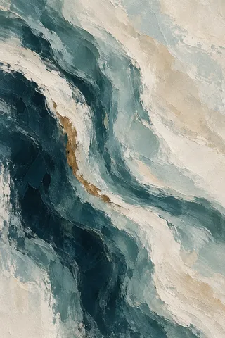 Thick flowing organic bands like a river seen from above in cream, stone, blue, black; portrait artwork.