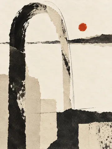 One tall arch pressed into the surface in cream, black, white, stone; portrait artwork.