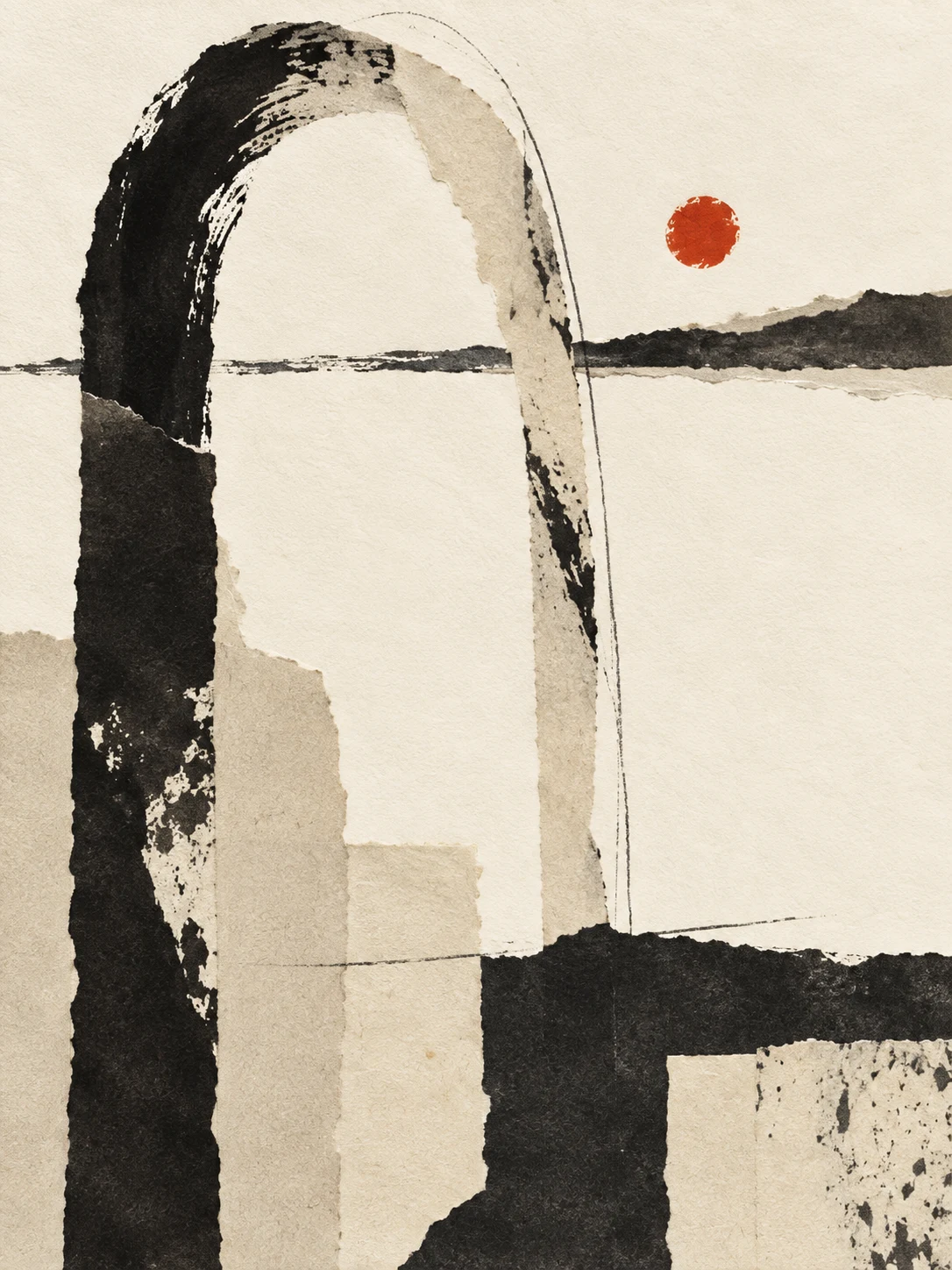 One tall arch pressed into the surface in cream, black, white, stone; portrait artwork.