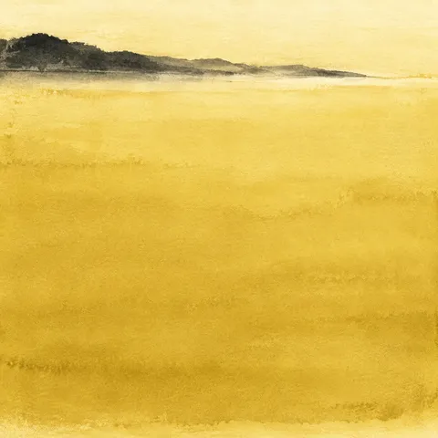 A single horizon line set very high in the field in yellow, cream, ochre; square artwork.