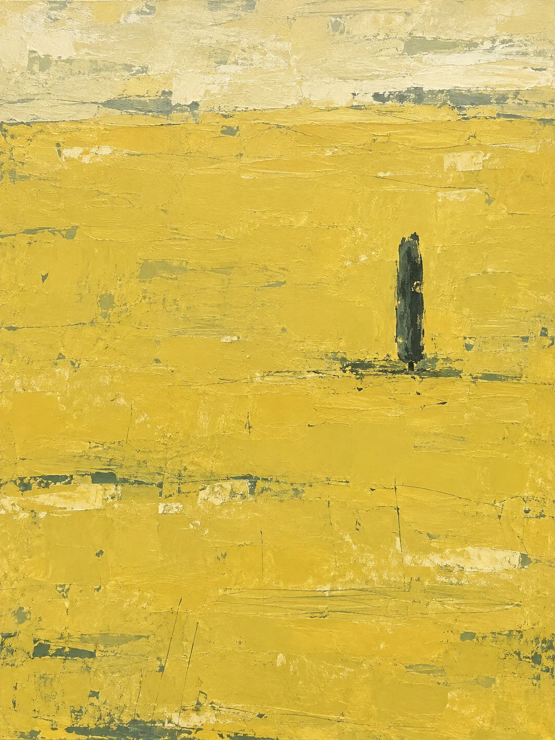 A single brushstroke column set off-center in yellow, cream, sand; portrait artwork.