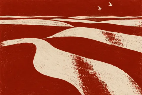 Two birds in flight, tiny, on a vast field in rust, cream, ochre; landscape artwork.